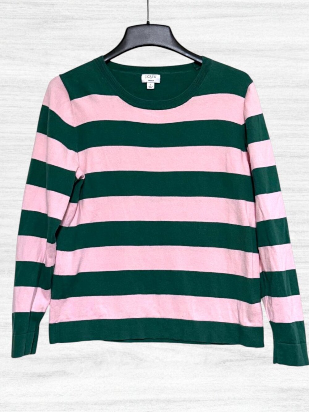 J.Crew Teddie Pink Green Rugby Stripe Sweater Wicked Preppy Lightweight Size L